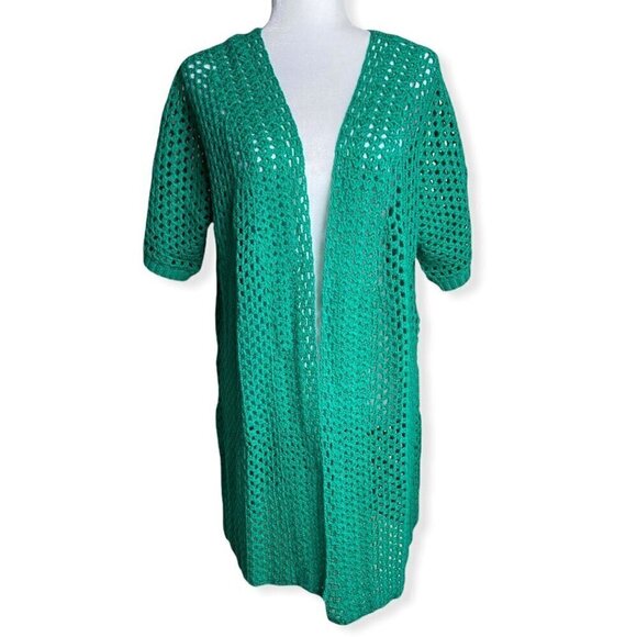 Jessica London Green Open Knit Crochet Short Sleeve Cardigan Sz 12 - Picture 2 of 8